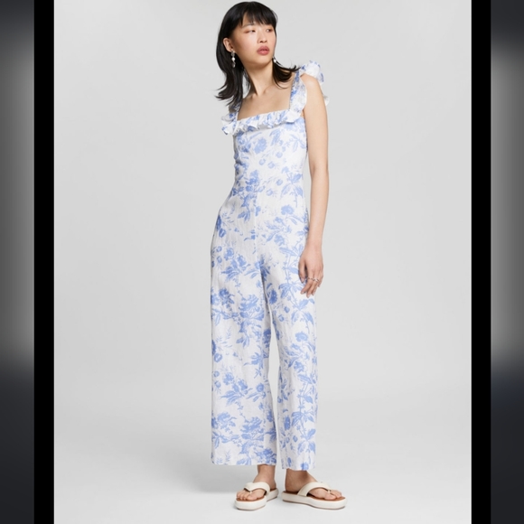 & Other stories floral white and blue 100% linen Jumpsuit size 6 - Picture 5 of 14